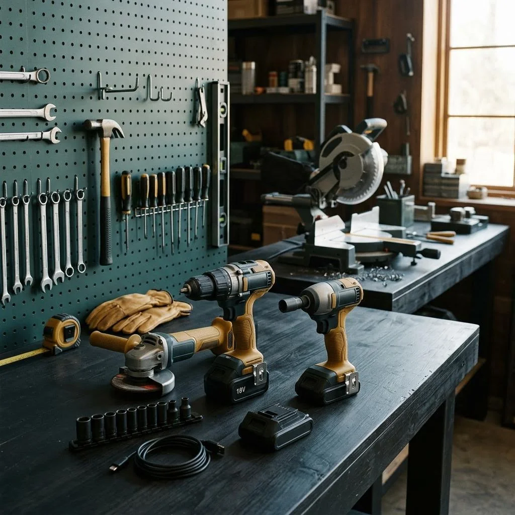 Workshop bench with unbranded cordless drills, an impact driver, an angle grinder and a miter saw on a workshop bench