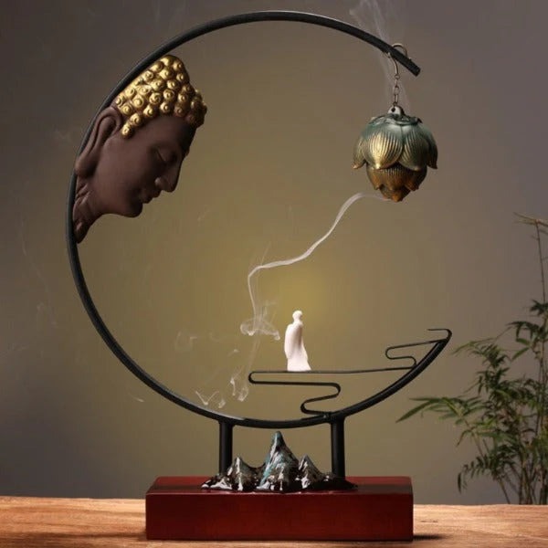Buddha Large Incense Holder With Hanging Metal Lotus - 11.8 in x 15.6 in x 3.2 in