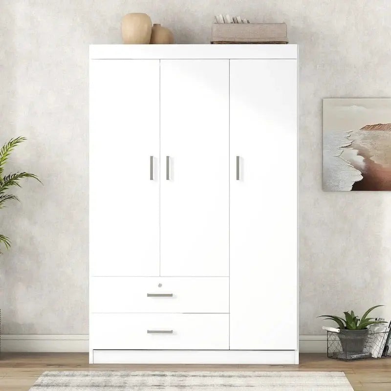3-Door Wardrobe With Dual Drawers, Shelves And Hanging Rail - 41.3L x 18.5W x 68.2H