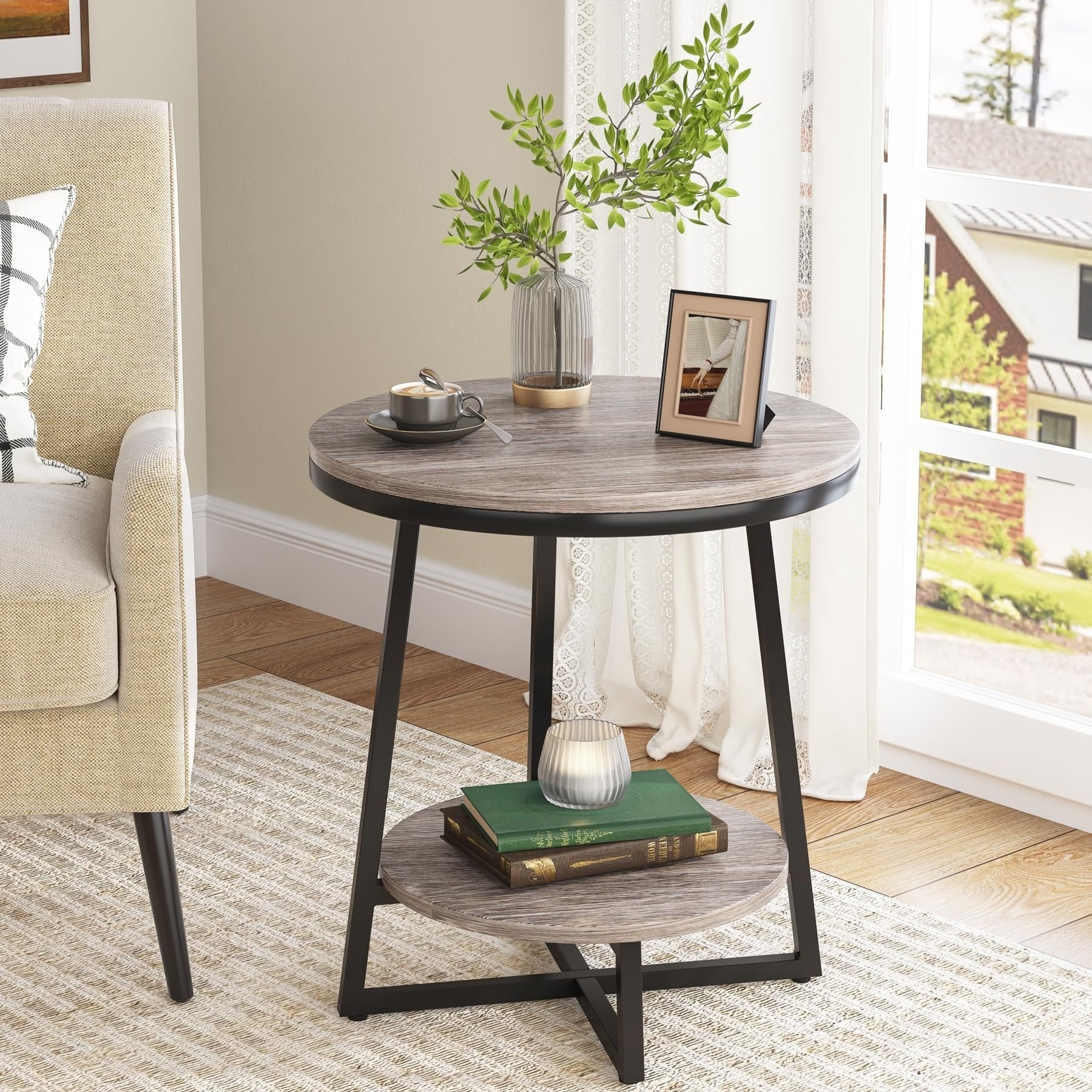 Industrial Round End Table With 2-Tier Storage