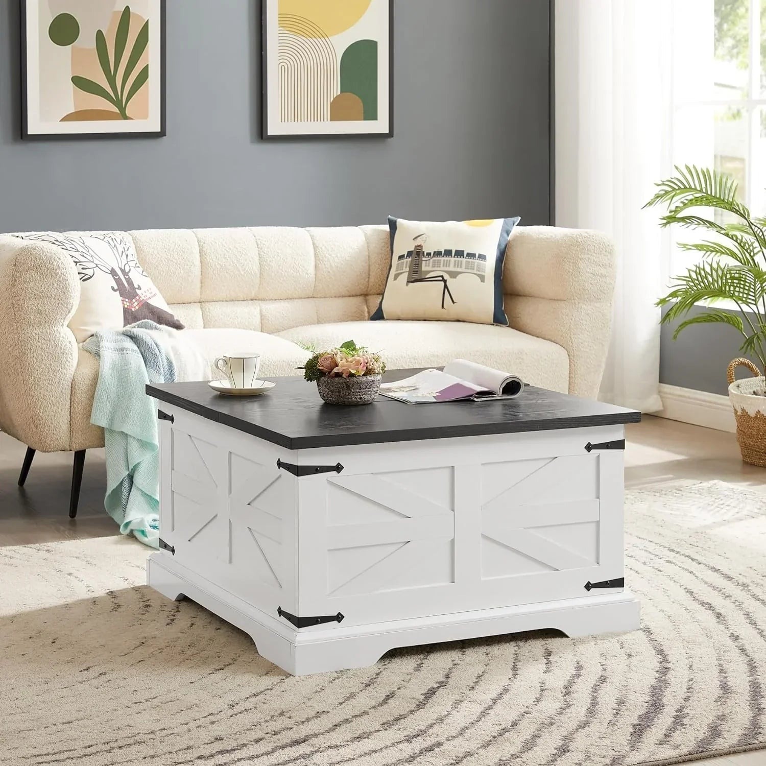 Farmhouse Square Lift-Top Coffee Table With Hidden Storage, White, 31.5 x 31.5 x 18.5 in