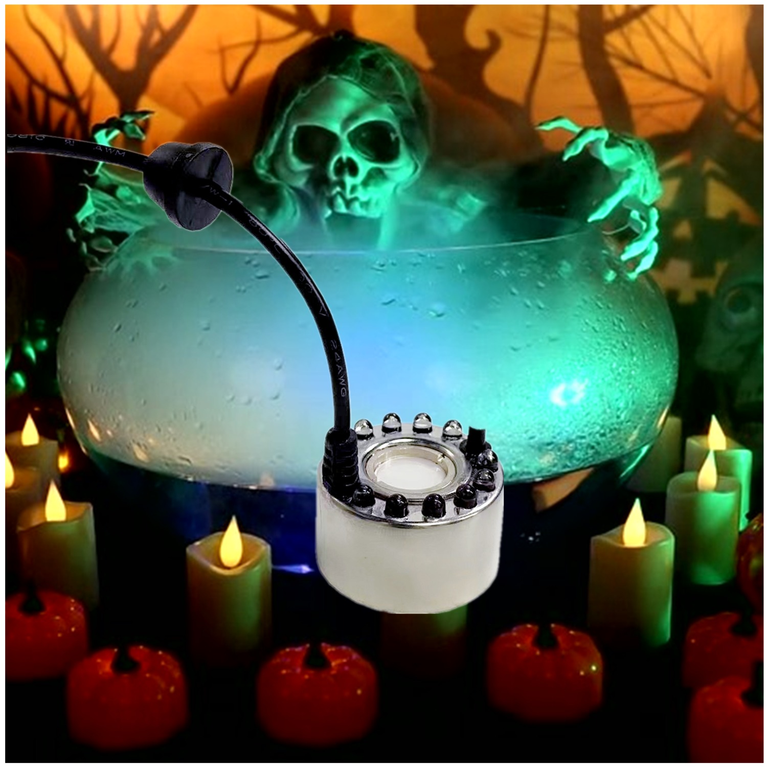 TETOU Halloween Party Mist Maker, Fog Machine Atomizer with 12 LED Color Changing Lights for Water Feature Halloween Christmas and Other Holiday Decorations