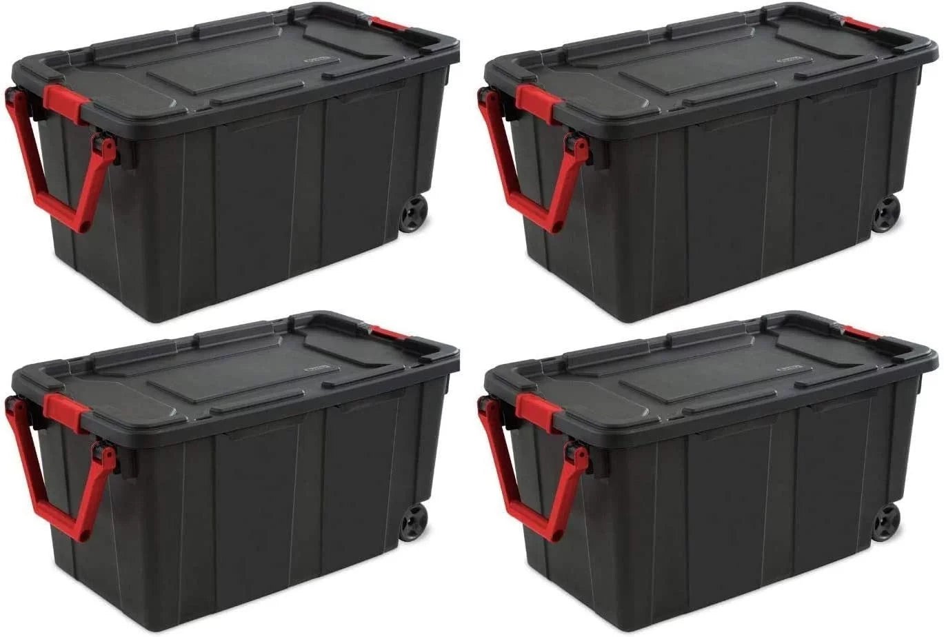 HUHAN 40 Gallon/151 Liter Wheeled Industrial Tote, Black With Red Handle And Latches, 4-Pack - 14699002