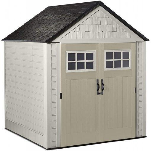 Rubbermaid Resin Outdoor Garden Storage Shed With Windows And Utility Hooks, Sand - 7x7 Ft