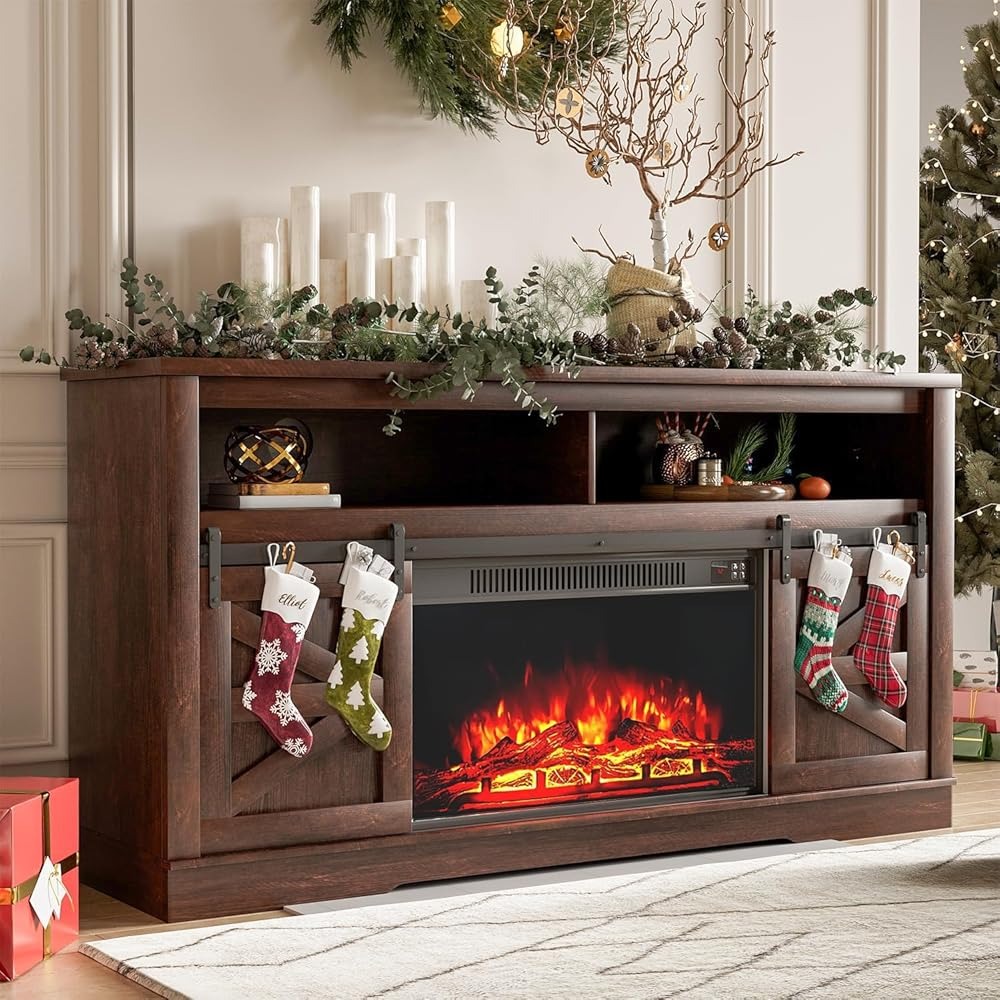 YESHOMY Fireplace TV Stand Entertainment Center For TVs Up To 65-Inch - Dark Brown