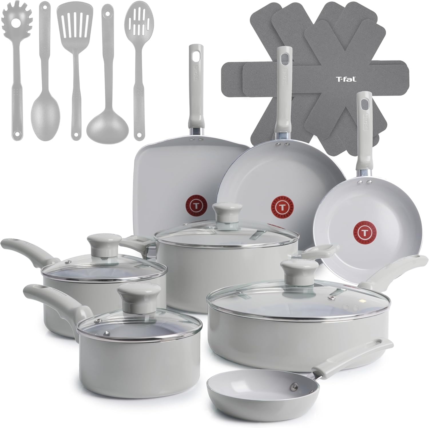 T-Fal Refresh Ceramic 20-Piece Nonstick Cookware Set, Moon Grey
