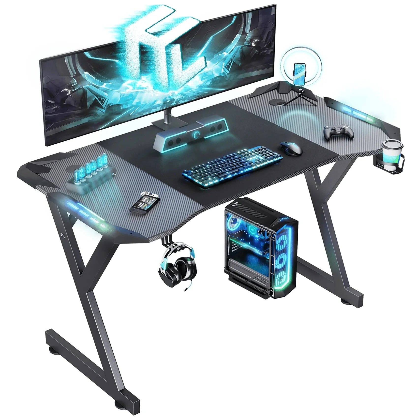 HLDIRECT Gaming Desk With LED Lights, Carbon Fibre Surface, Black - 47 Inch