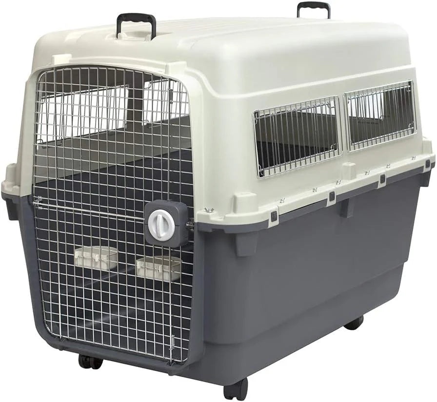 SportPet Designs Plastic Airline Approved Rolling Dog Kennel With Wire Door, XXX-Large, Gray, 48in L x 32in W x 36in H