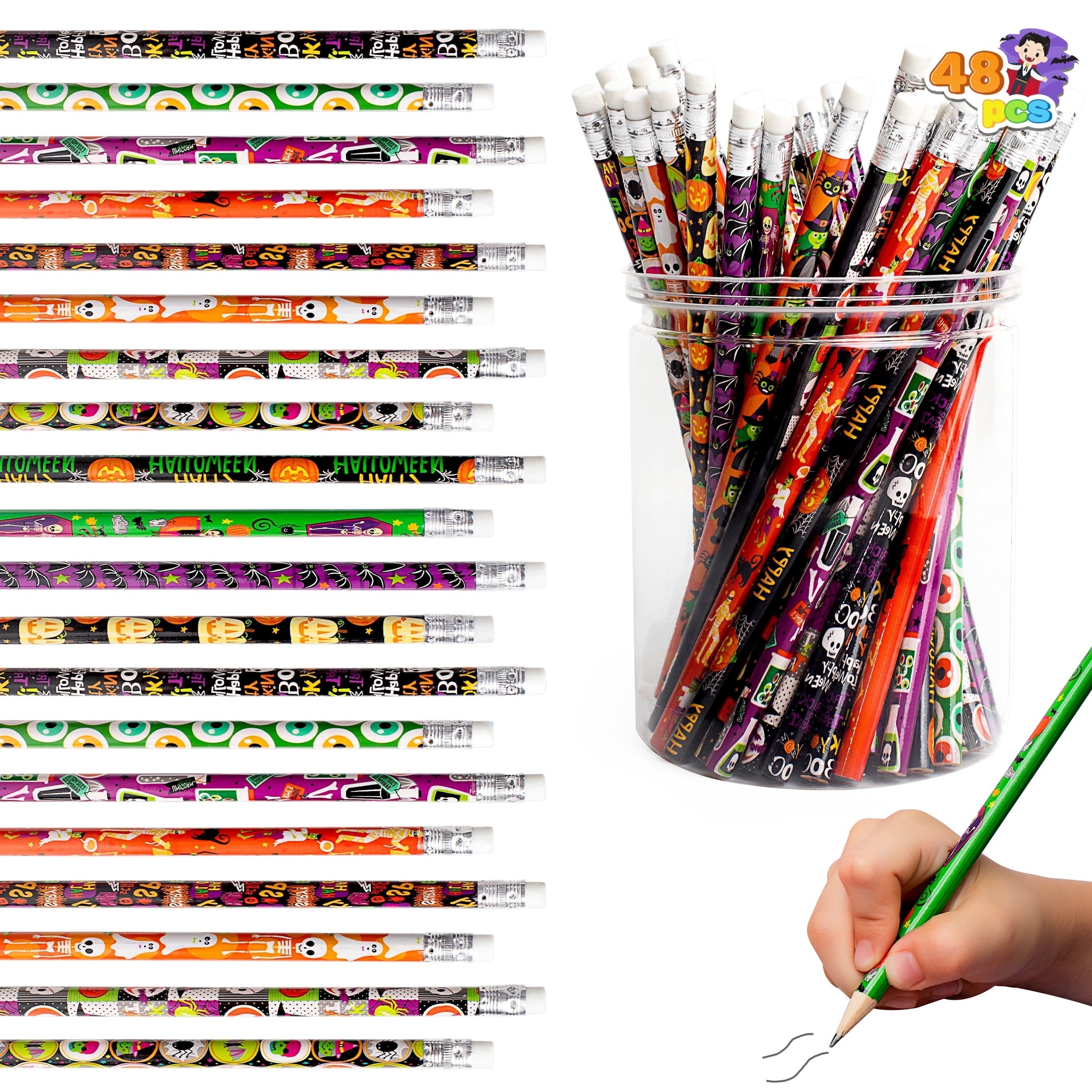 Joyfy 48 Pcs Halloween Pencils Bulk with Eraser for Kids, Colorful Pencils Stationery Pencil Set, Halloween Favors Prizes for Kids, Halloween Bulk Toys