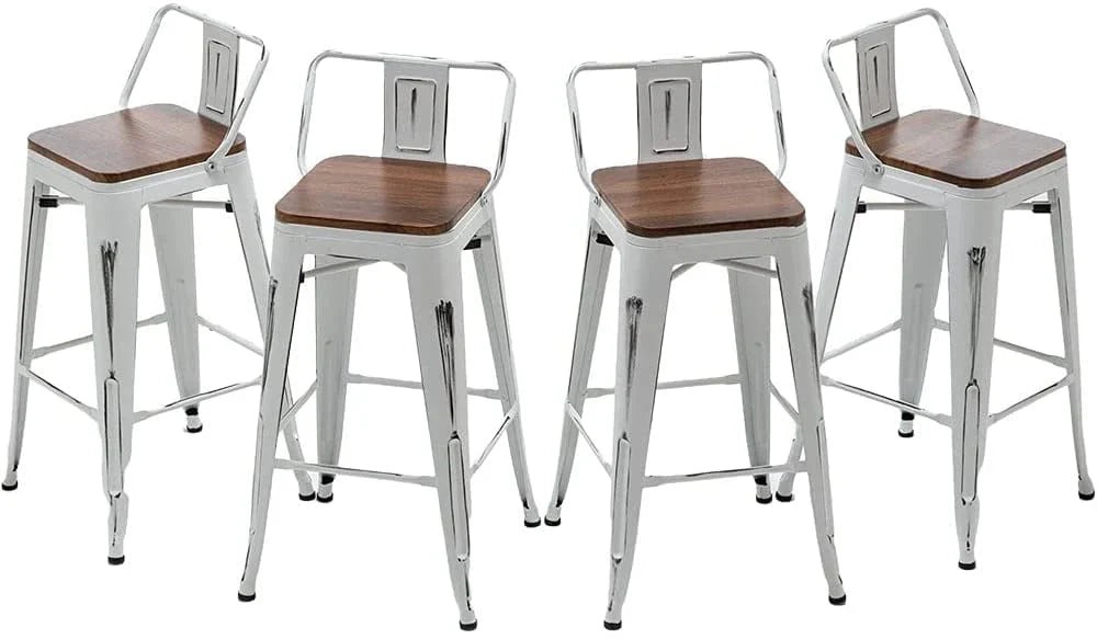 Andeworld Counter Height Industrial Metal Bar Stools With Wooden Seats, Set Of 4, 24 Inch, Distressed White