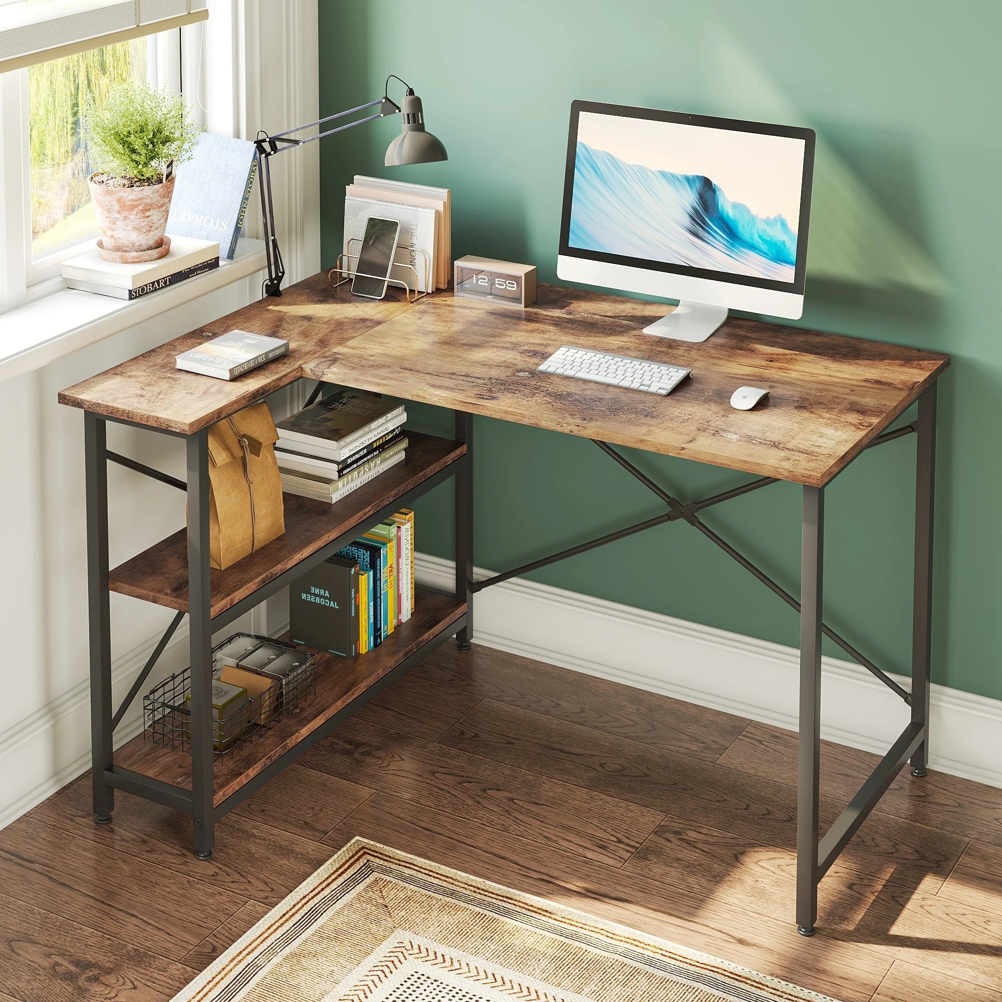 Small L-Shaped Computer Desk With Reversible Storage Shelves - 55-Inch / 47-Inch