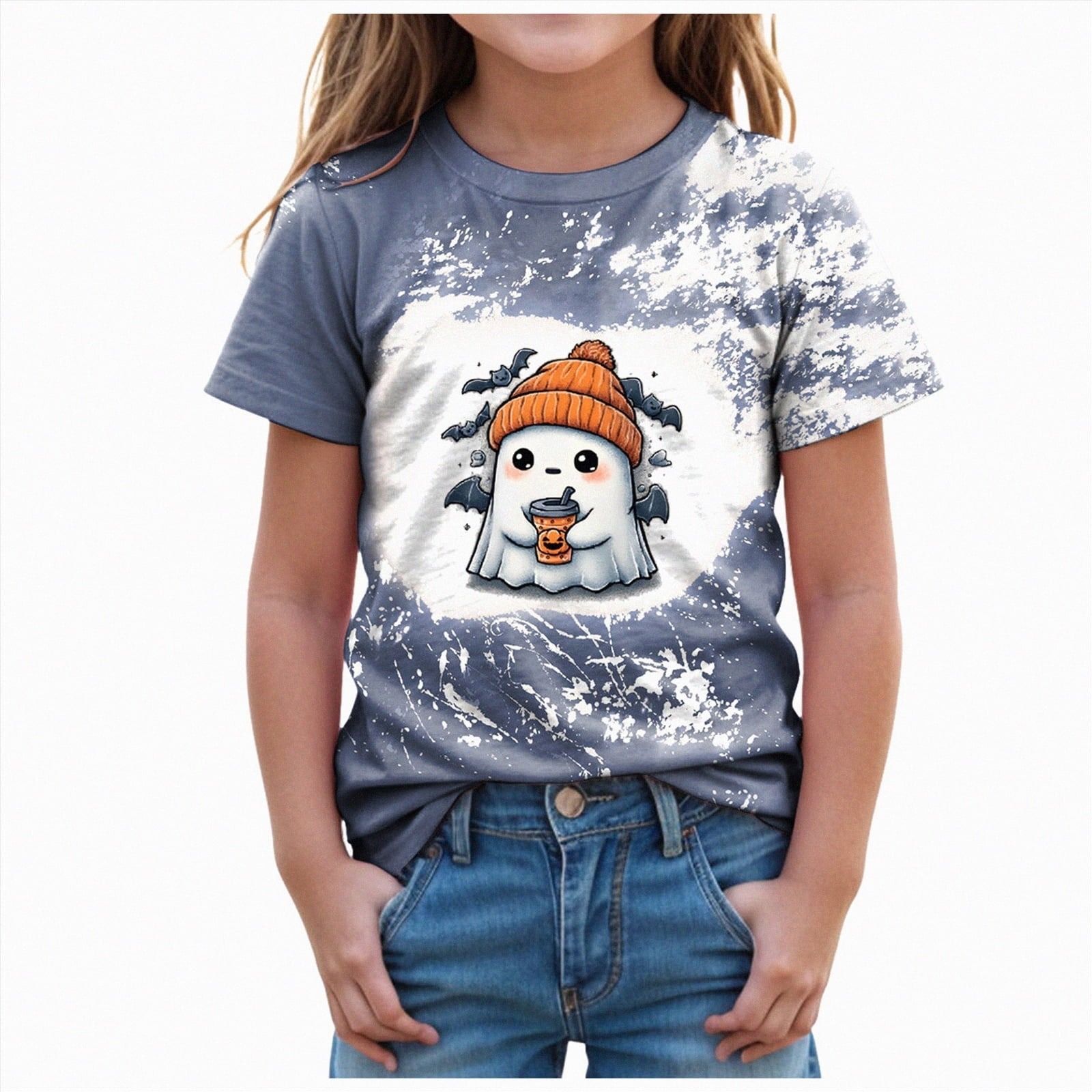CAUYDY Halloween Ghouls Ghost Retro Girl Kids T-Shirt Graphic Tshirt Little Kids Fall Short Sleeve Tee Tops(Orange, 8-9 Y)