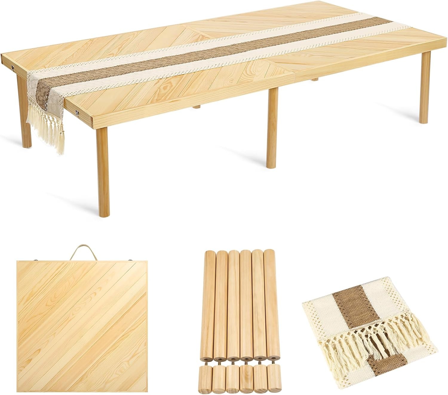 Folding Picnic Table With Table Runner, 60 in x 30 in, Wooden, Large Size For 6