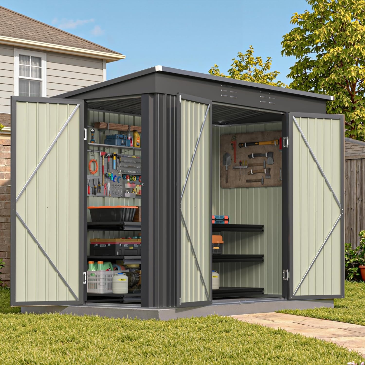 Patiowell Outdoor Metal Storage Shed, 8x4 FT, Black, 3 Lockable Doors