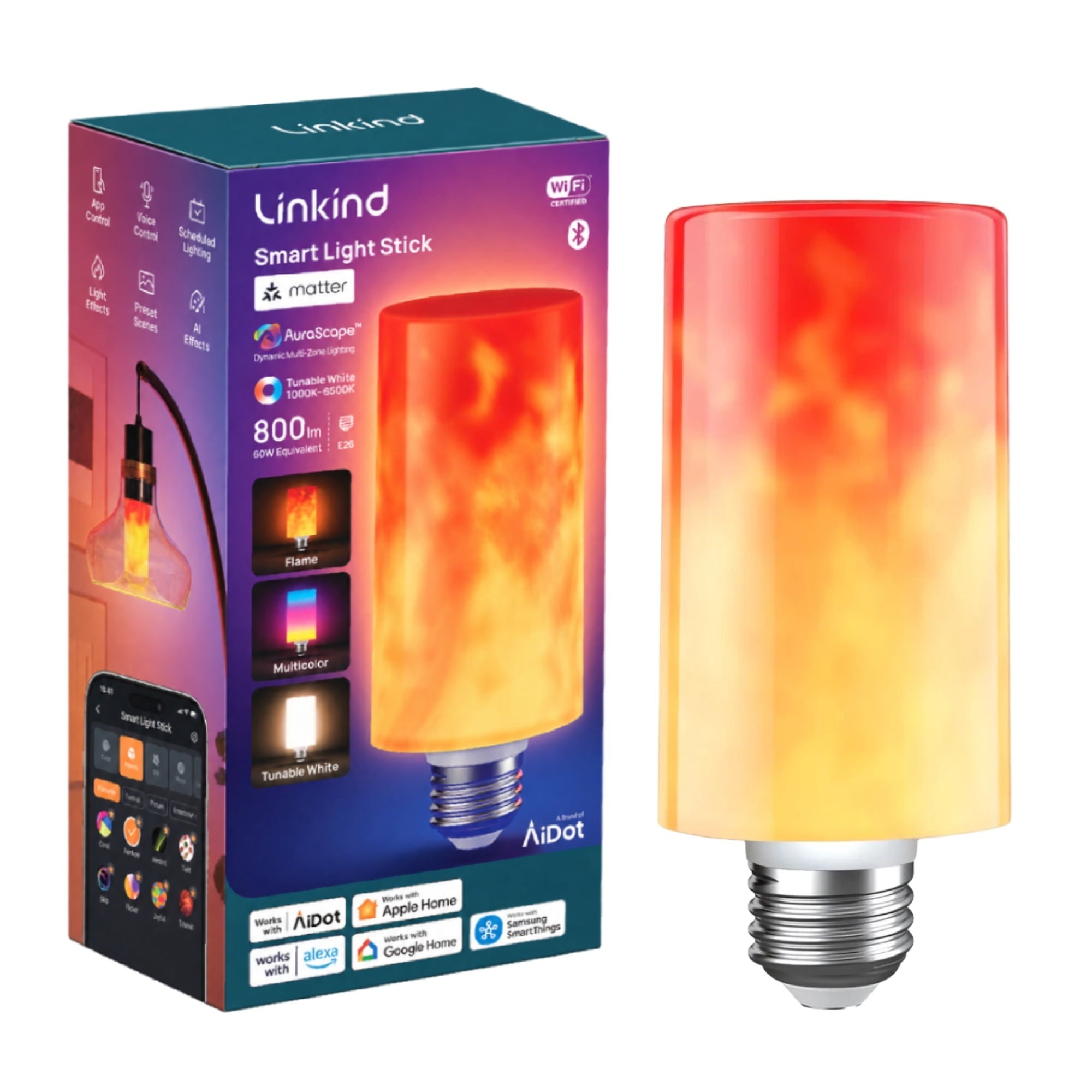 Linkind Smart Light Stick, Flame, Color and White Smart Light Bulb, 800lm, Works with AiDot, Alexa, Apple Home, Google Home, Halloween Decor, Custom Flame Effect, E26, 2.4G WiFi