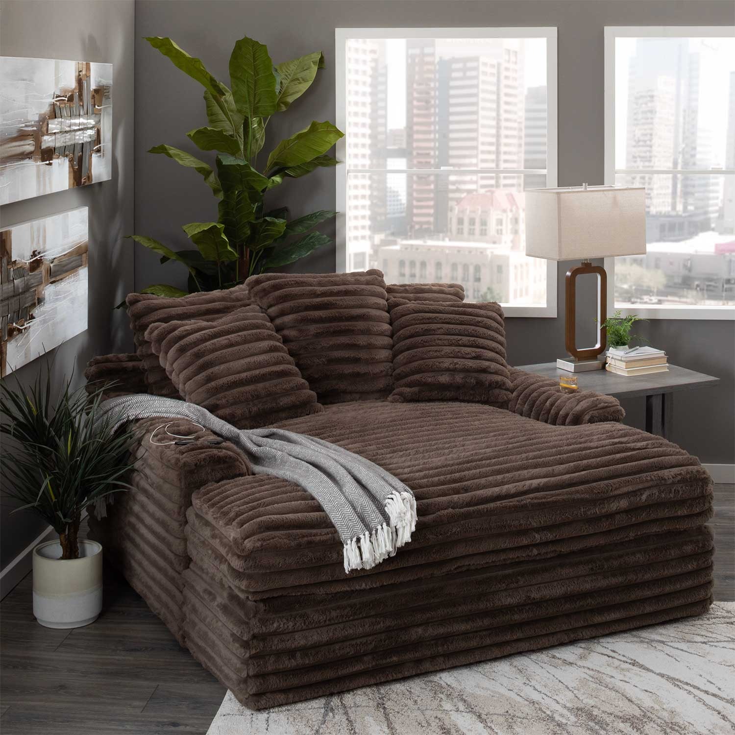 Nestle Corduroy Chaise Lounge With Dual Cupholders And USB Ports