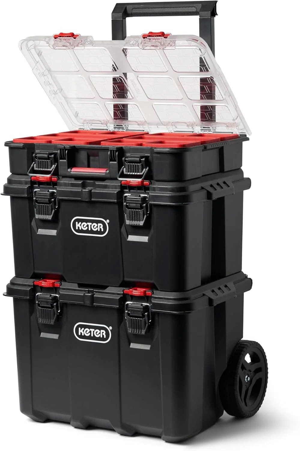 Keter Rolling Tool Box System, 3 Piece, Black/Red - 3 Piece Resin Modular Toolbox System
