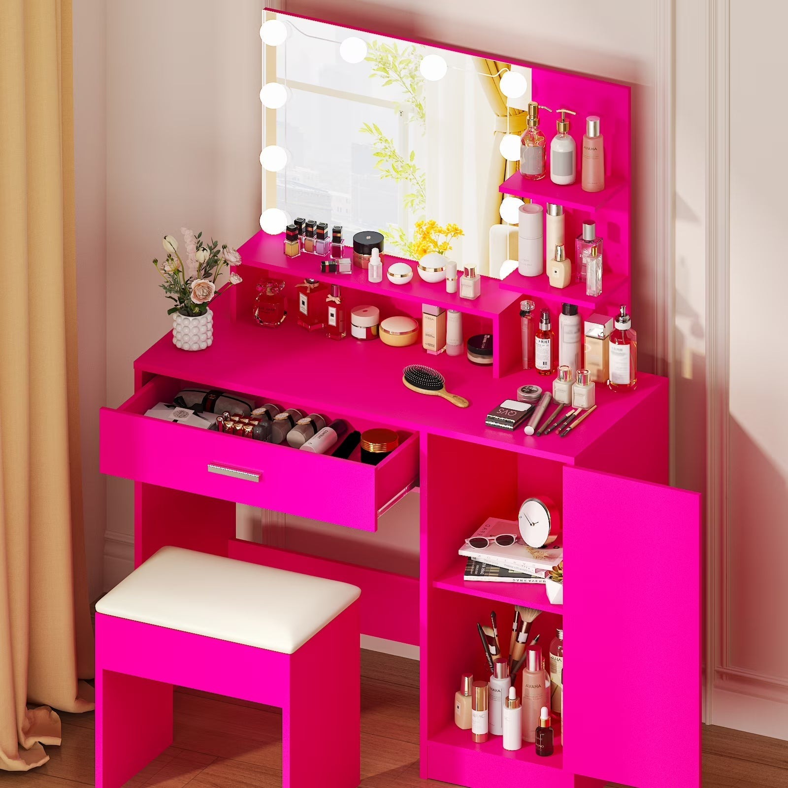 Ktaxon Vanity Makeup Table With Stool, 3-Color Lighted Mirror, 3 Shelves, Drawers, White - 35.43 x 15.55 x 29.53-53.27 in