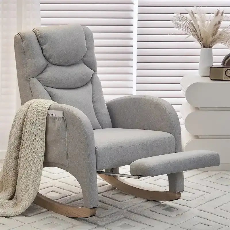 Ergonomic Fabric Nursery Rocking Chair With Adjustable Footrest And Gentle Recline - 37.6-49.2D 26W 39H