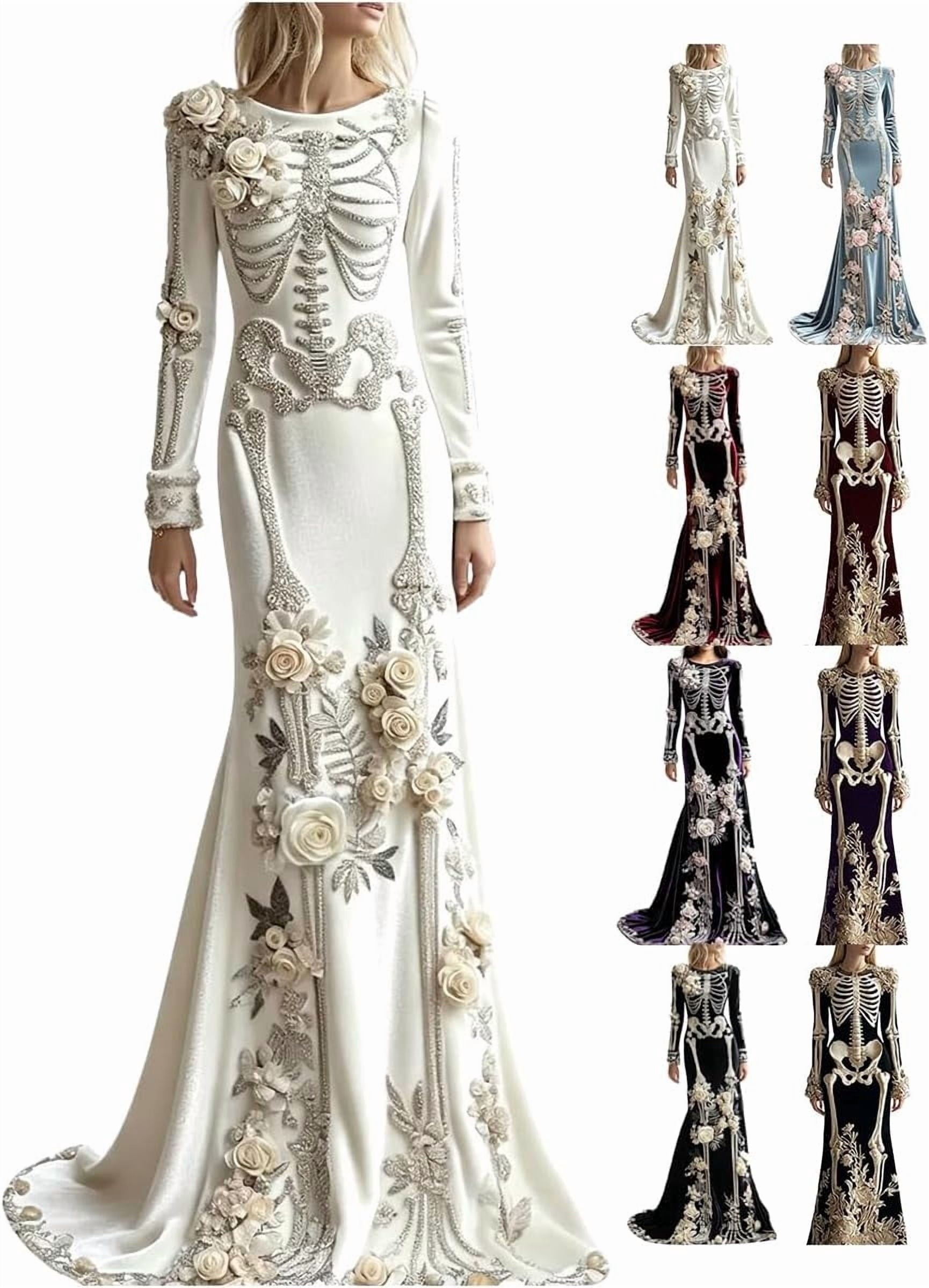 Women Skeleton Dress 3D Print Velvet Floral Long Sleeve Halloween Costumes, Skeleton Costume for Women Cosplay Party