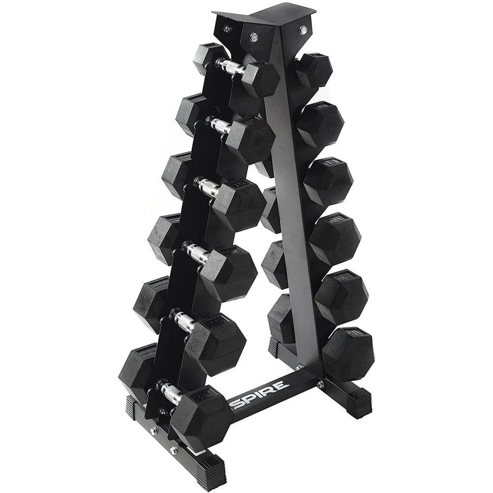 Inspire Fitness Rubber Dumbbell Set, 210 lb (5-30 lb), 6 Pair Vertical Rack