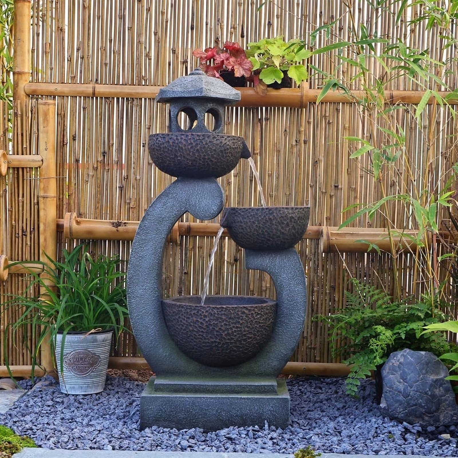 Zen Pagoda Outdoor Water Fountain With Bowl And LED Lights