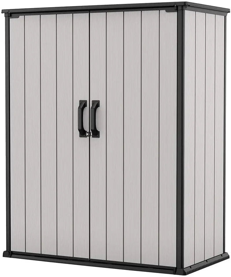 Keter Premier Vertical Outdoor Storage Shed With Floor, Lockable Double Doors, Grey