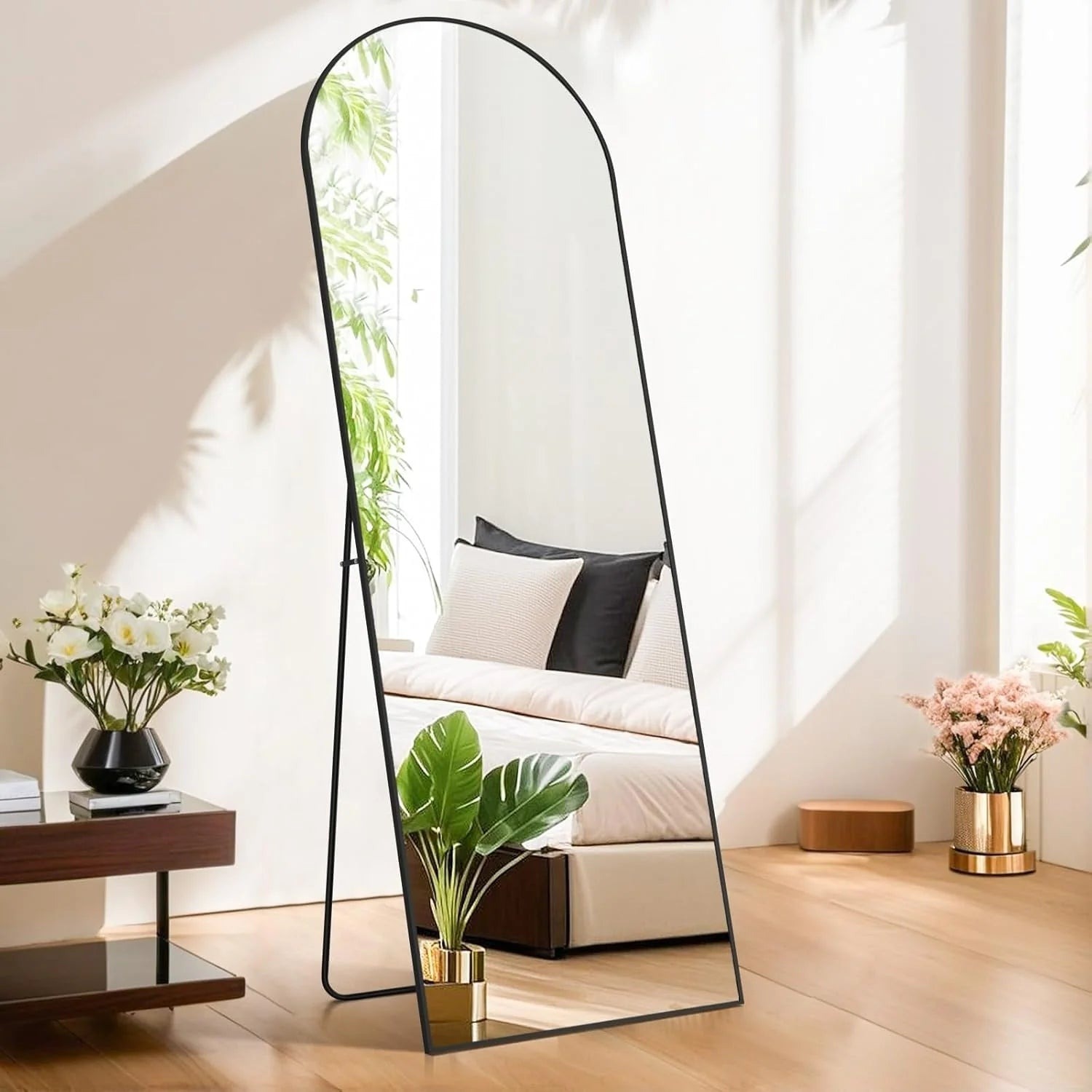 Full-Length Arched Floor Mirror, 64in H x 21in W, Aluminum Alloy Frame