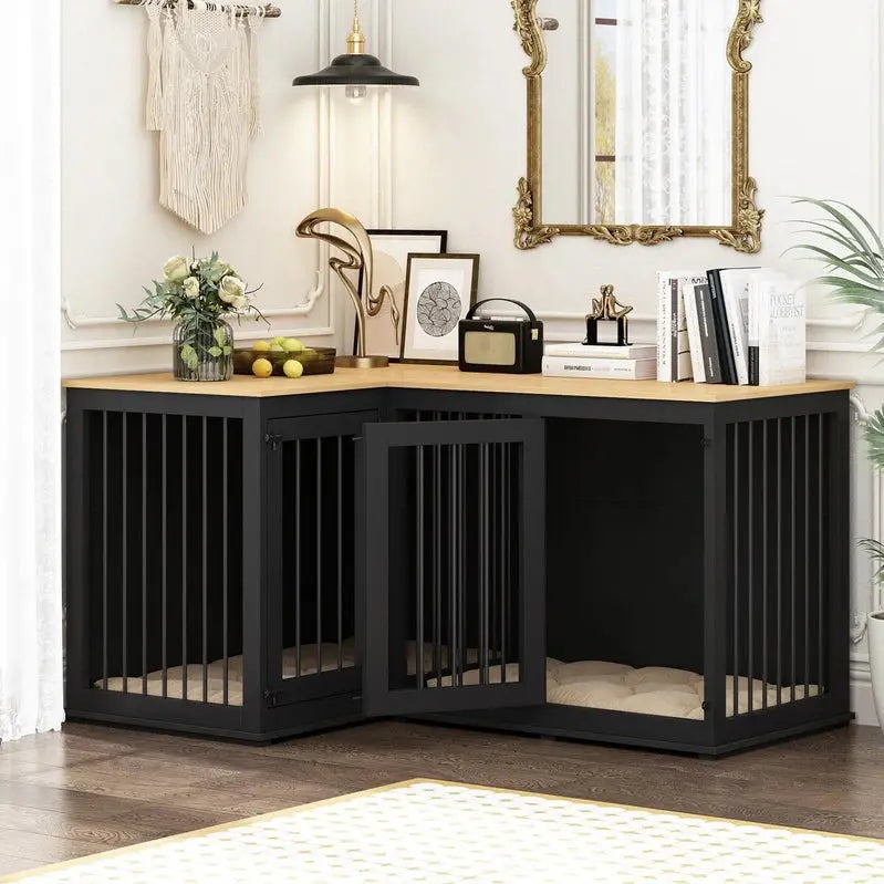 L-Shaped Corner Dog Crate Furniture For 2 Dogs, 58.7 x 41.1