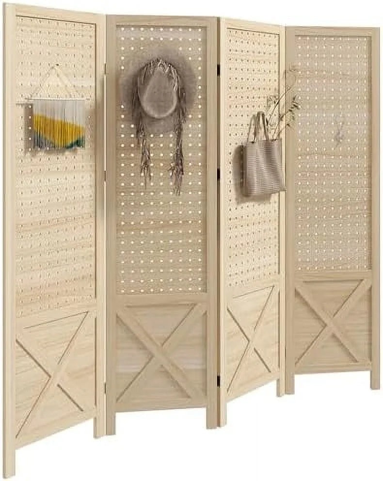CHFBC 4-Panel Pegboard Room Divider 4.7' Tall Natural