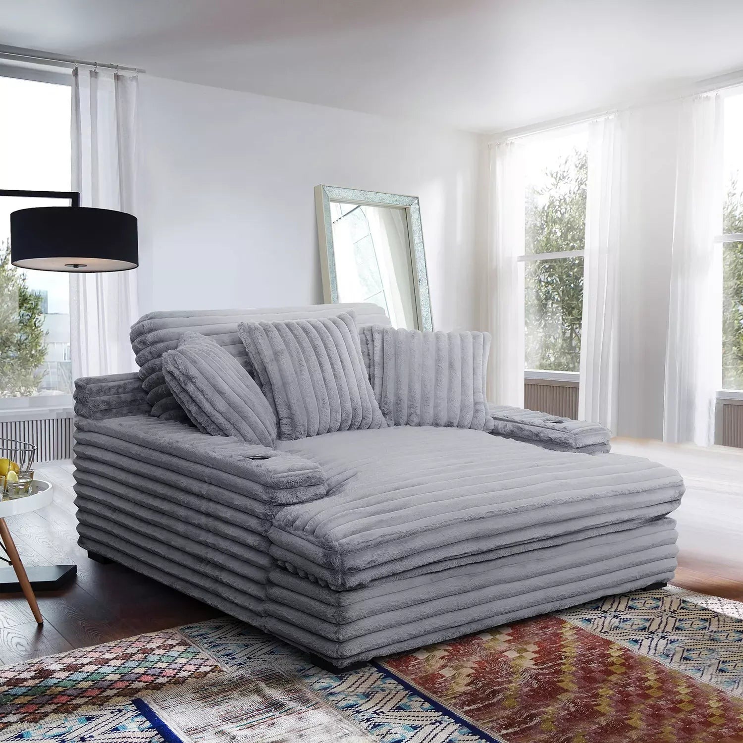 Nestle Corduroy Chaise Lounge With Dual Cupholders And USB Ports