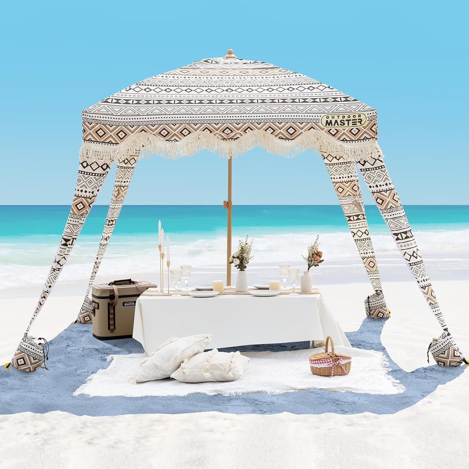 OutdoorMaster Beach Cabana With Fringe, 6' x 6' UPF 50+ Canopy With Side Wall - Beach Cabana With Fringe