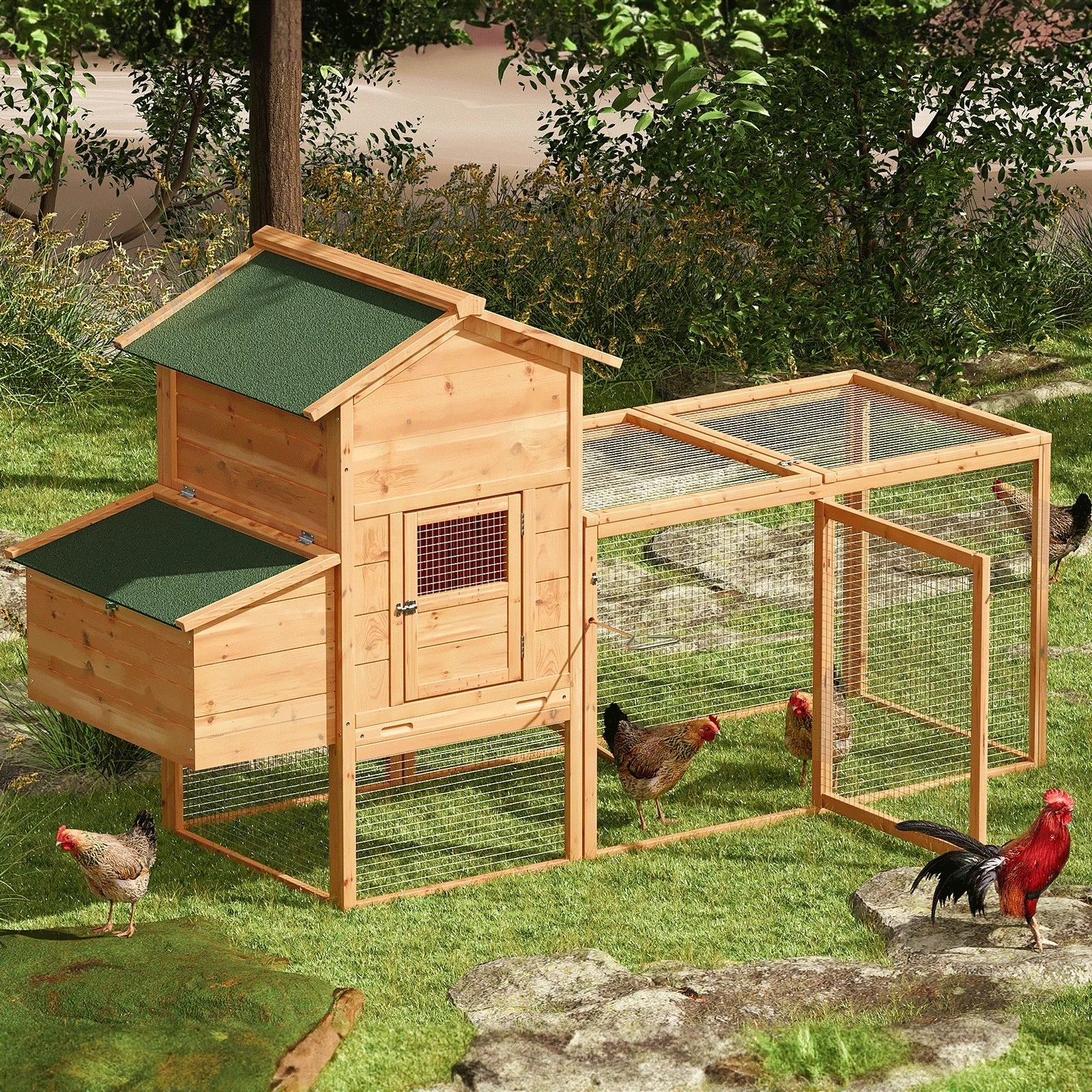 Magshion 2-Tier Chicken Coop With Nesting Box, 80 Inch Wooden Rabbit Hutch - Natural