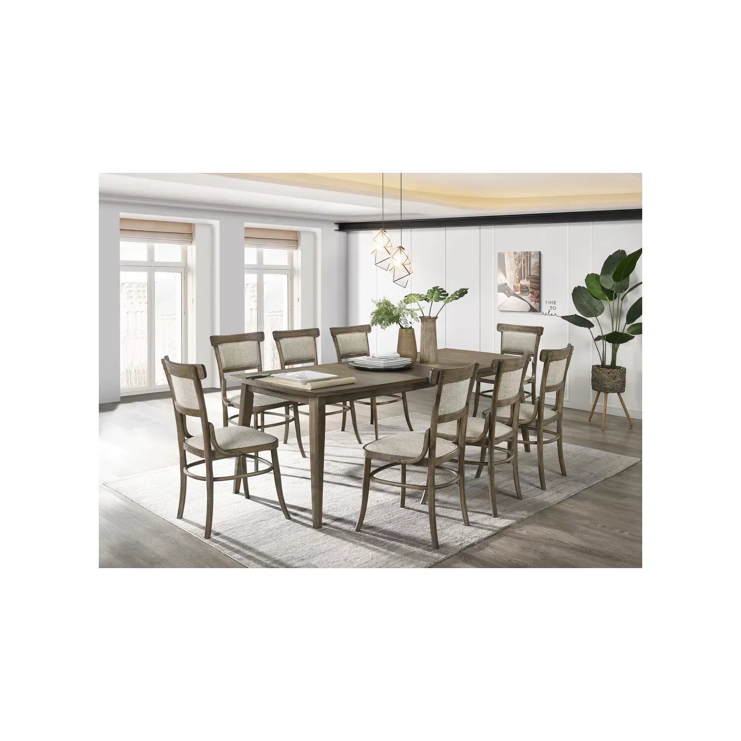 Homestock 9 Piece Walnut Dining Table Set With Extension Leaf And Off White Fabric Chairs - Nordic Haven