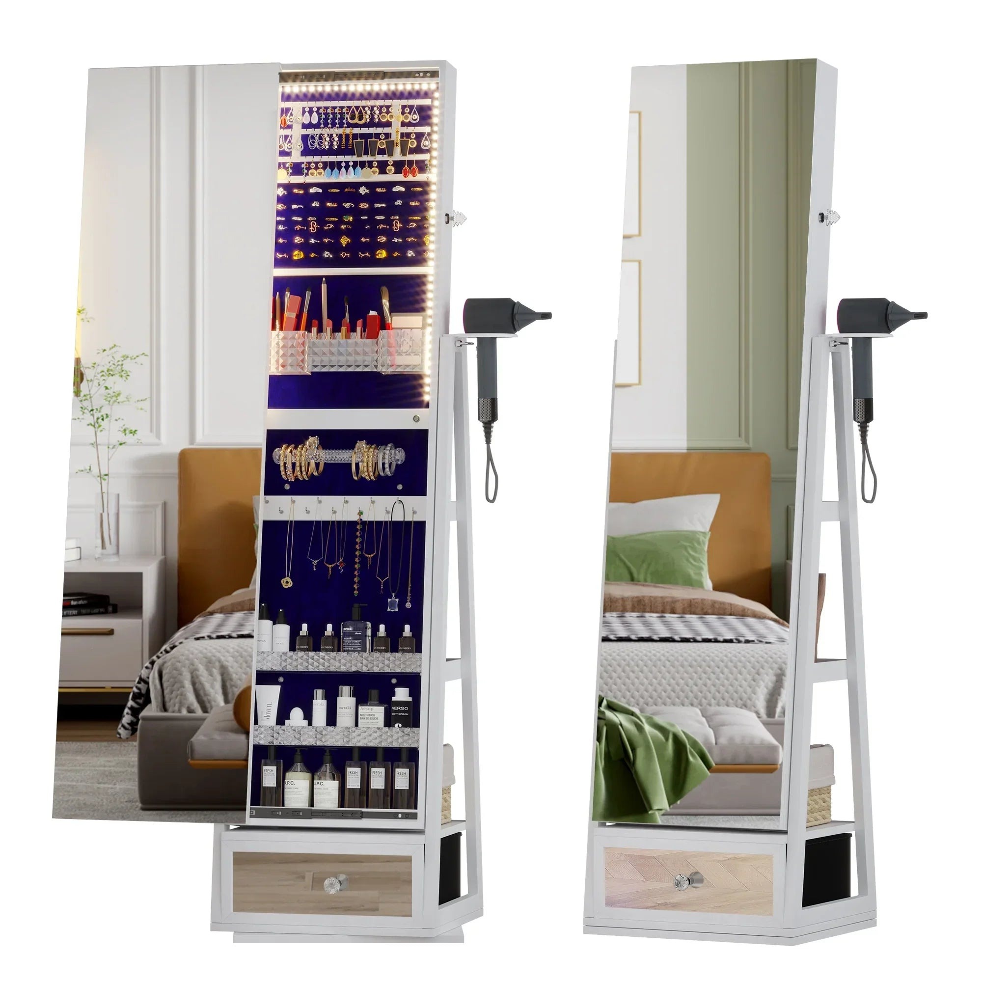 LVSOMT 360 Swivel Jewelry Cabinet With Lights, 53.5 x 14.5 in Full-Length Mirror, White