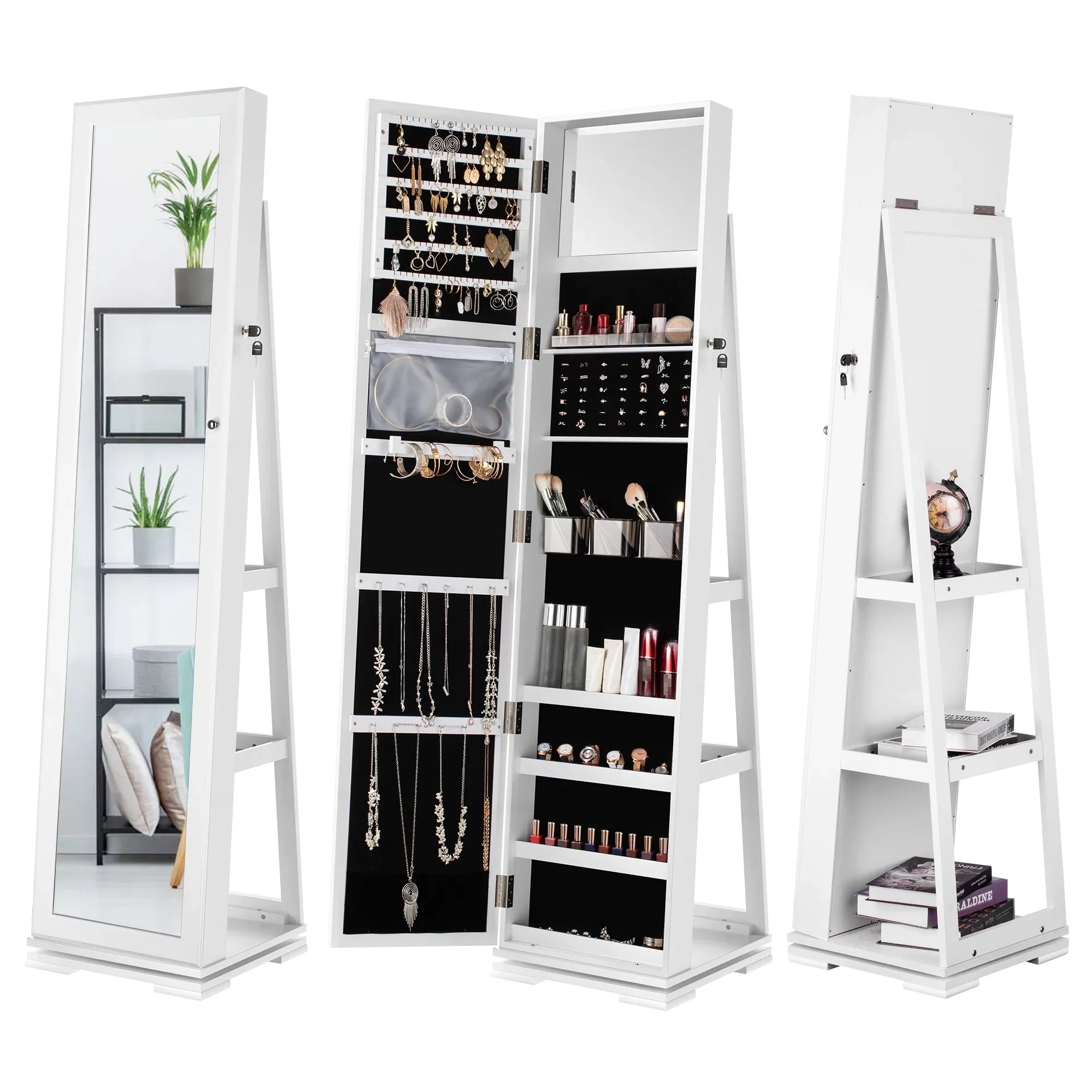 Dextrus 360 Degree Swivel Lockable Jewelry Cabinet With Full-Length Mirror And Rear Storage Shelves - White