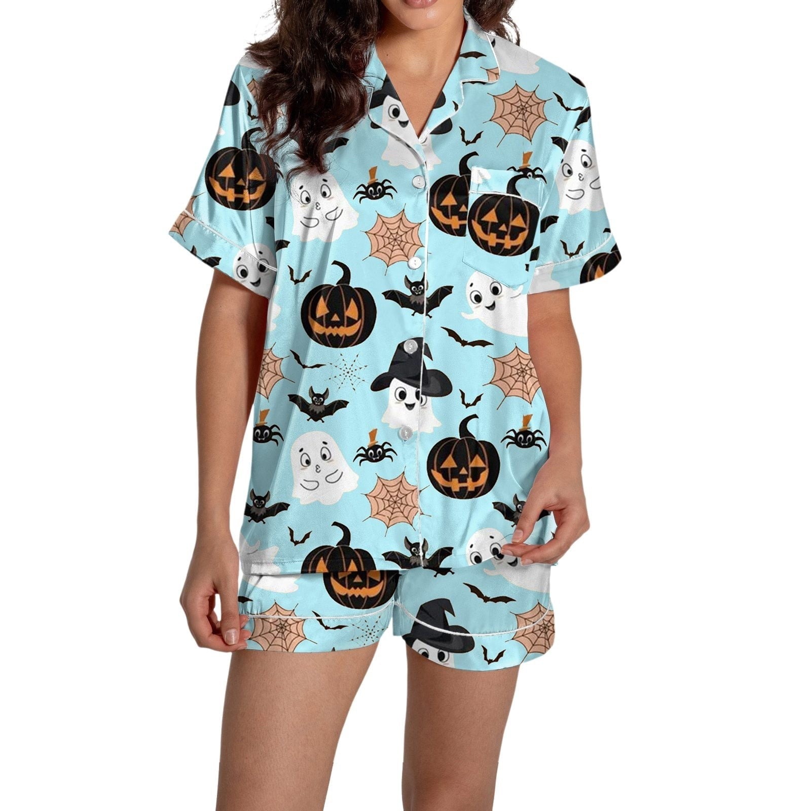 ChenYiFH Halloween Pajama Sets For Women 2 Piece Pumpkin Print Shirts And Pajamas Shorts Button Down Short Sleeve Sleepwear Black S