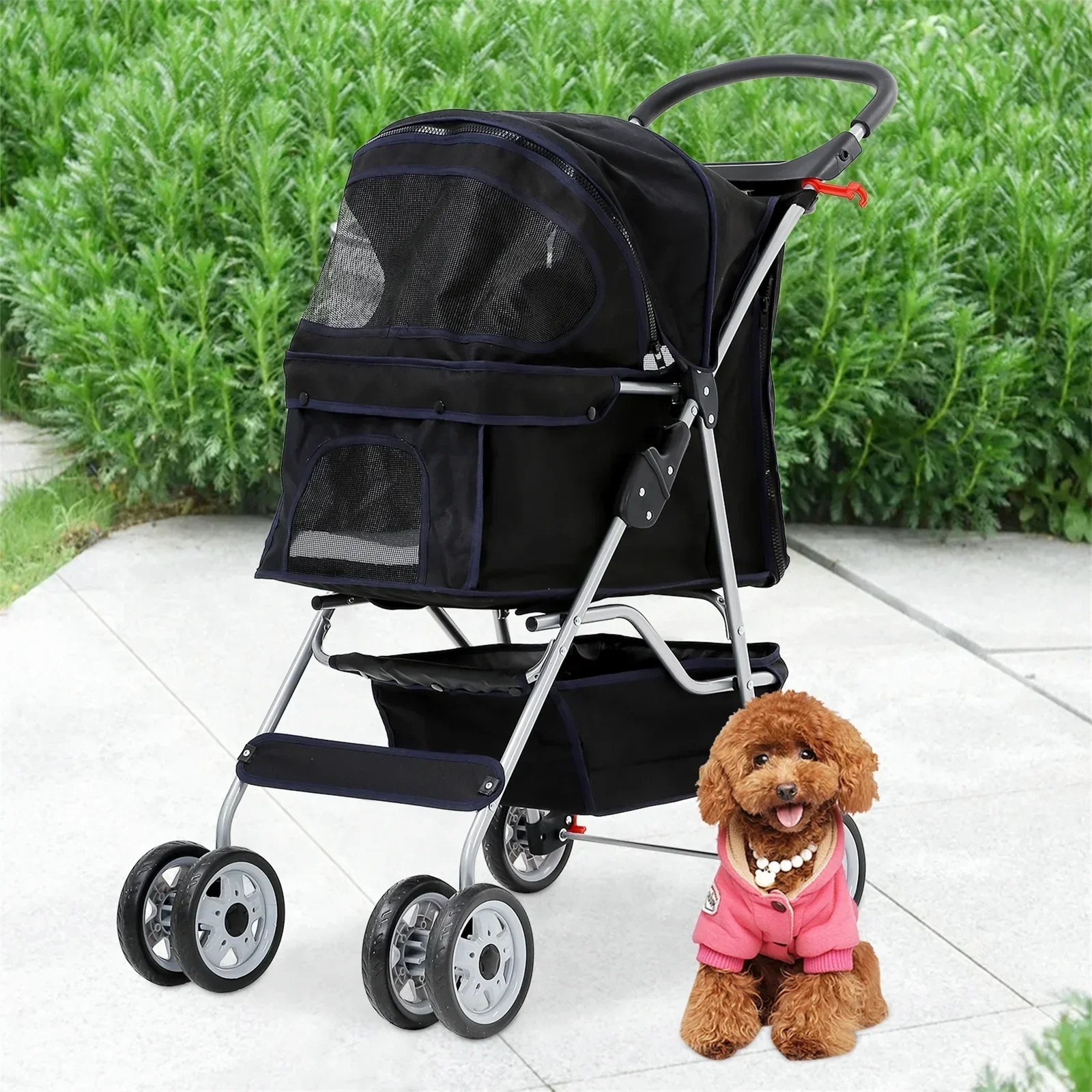 Foldable Dog And Cat Pet Stroller With Storage Basket, Removable Liner And 4 Wheels - Black