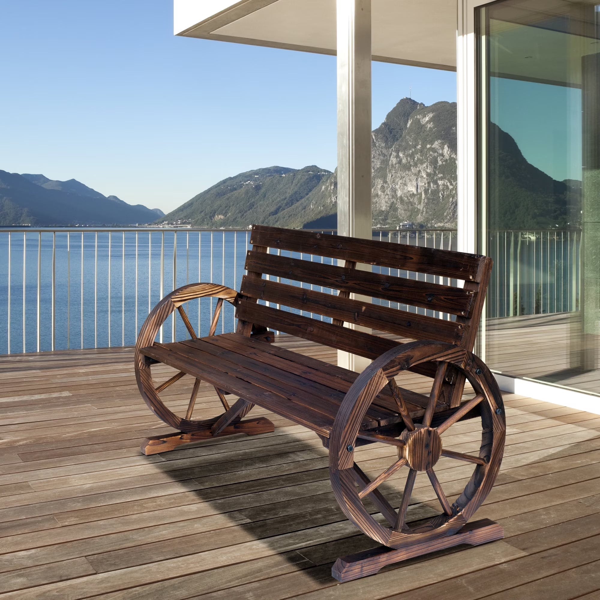 Outsunny Wooden Wagon Wheel Bench, 2-Person, Fir Wood, Carbonized, 41.5in L x 23.25in W x 29.5in H - 84B-183