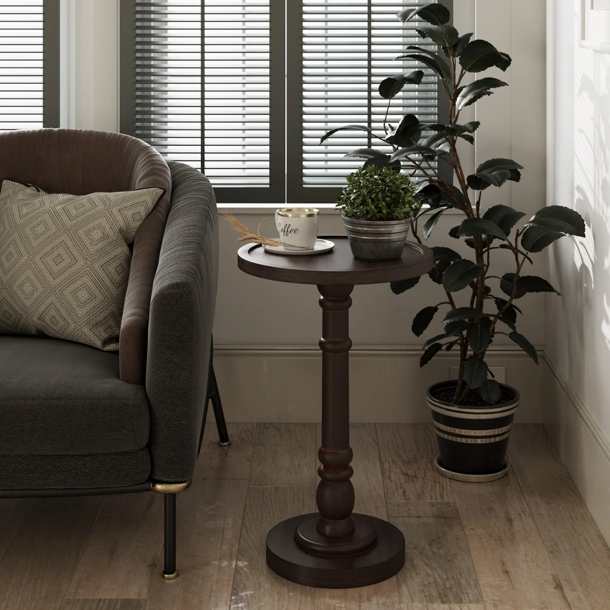 Pedestal End Table With Round Tray Top And Distressed Finish