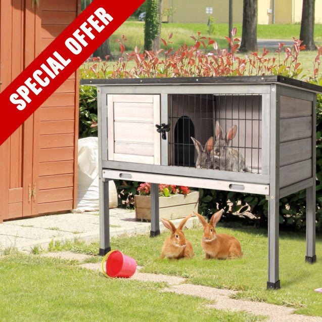 Elevated Wooden Rabbit Hutch With Removable Tray - Grey