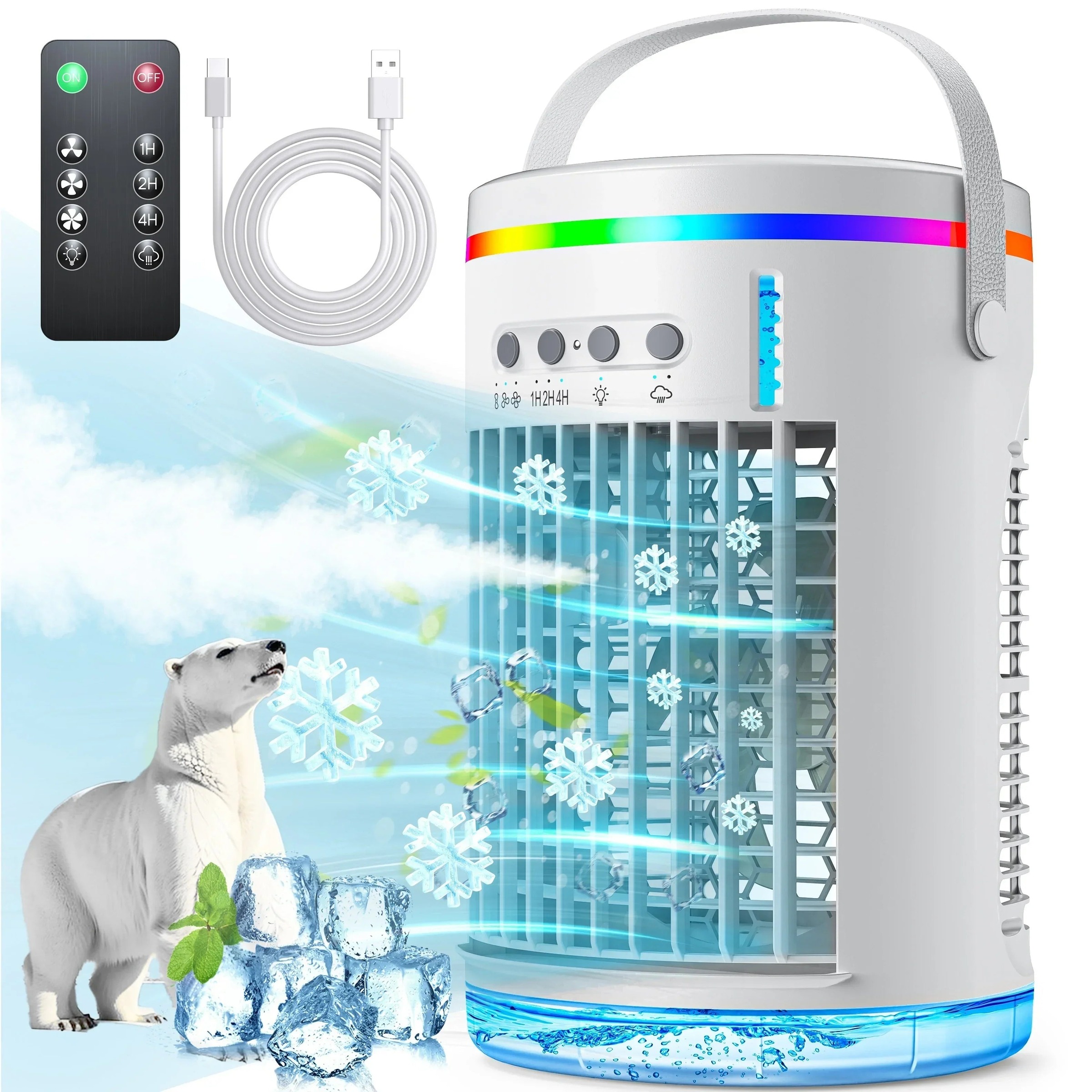 Portable Evaporative Cooler, 1400ml, 3 Speeds, USB, Remote, 7 LED Lights