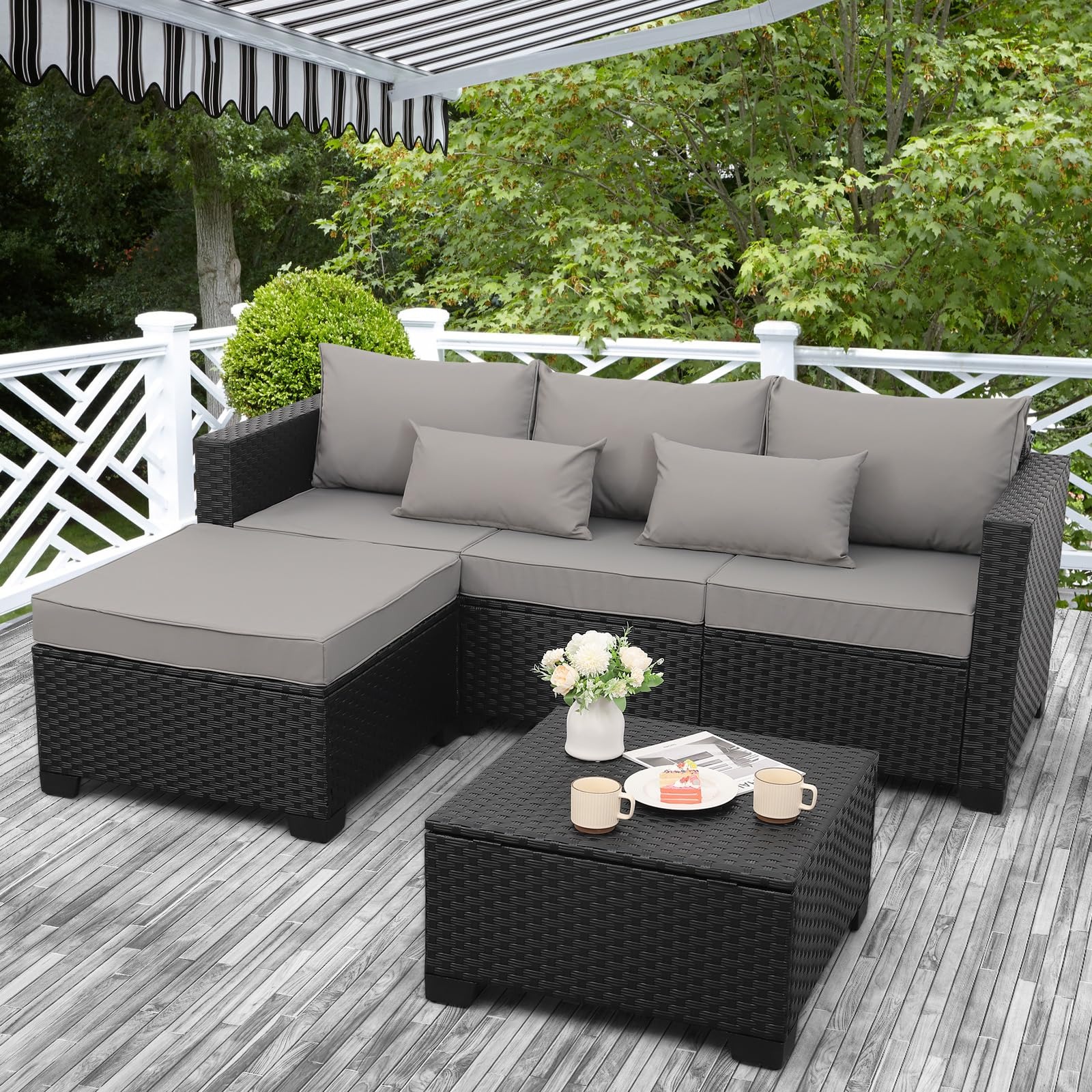 Rattaner 3-Piece Patio Furniture Set With Ottoman And Outdoor Storage Table - Black Wicker, Grey Cushions