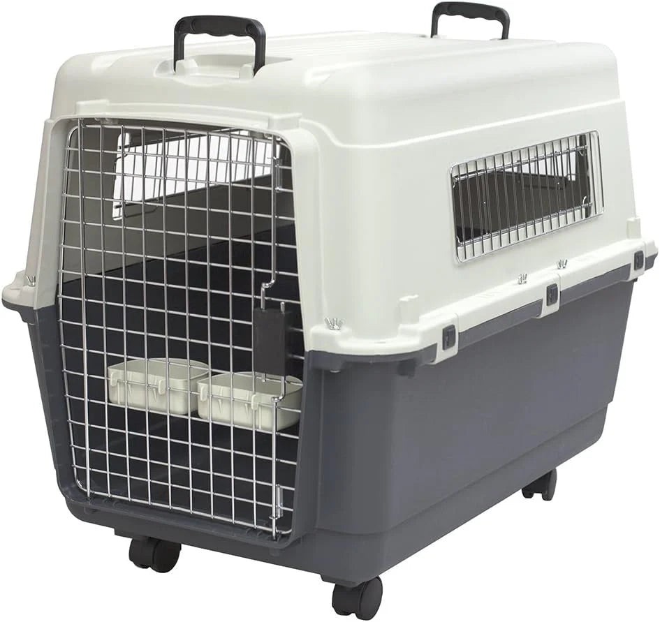 SportPet Designs Plastic Airline Approved Rolling Dog Kennel With Wire Door, XXX-Large, Gray, 48in L x 32in W x 36in H