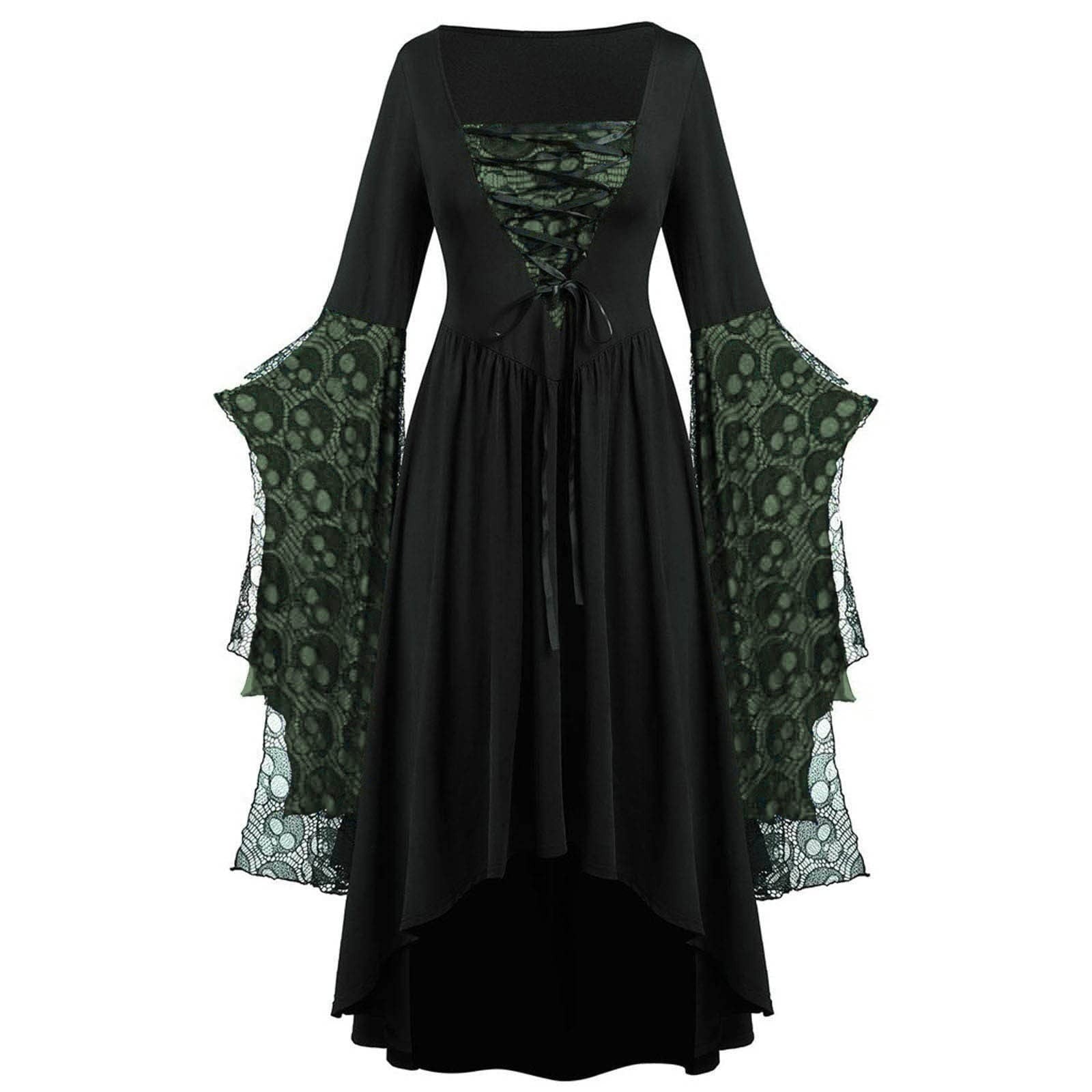 Huowey Vampire Gothic Dresses Women Halloween LaceâUp Waist High-Low Fancy Cosplay Party Gown Square Neck Long Sleeve Eye-Catching Halloween Dress, Green