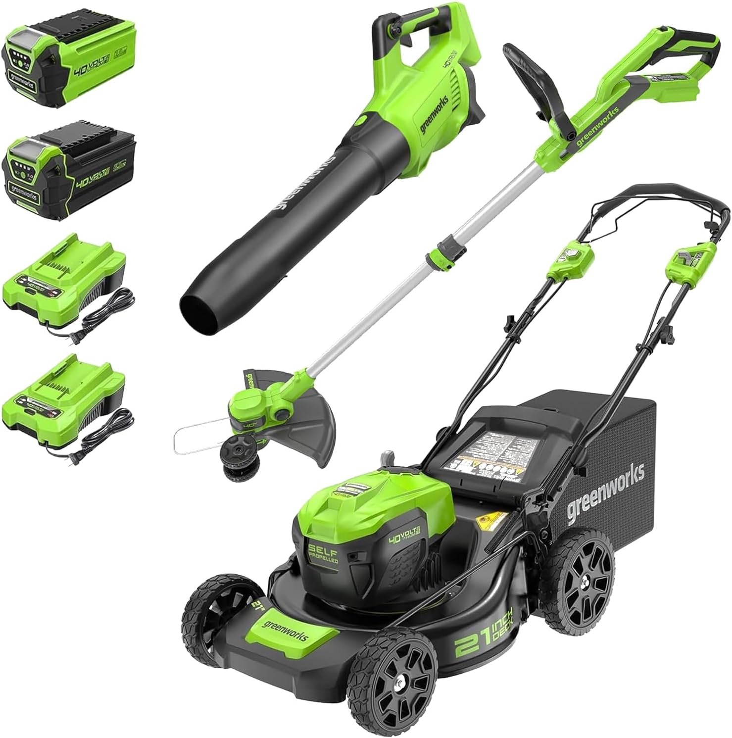 Greenworks 40V 21 inch Self-Propelled Lawn Mower, 500 CFM 120 MPH Axial Blower, 13 inch String Trimmer - 2 Batteries 5Ah+2Ah & Chargers