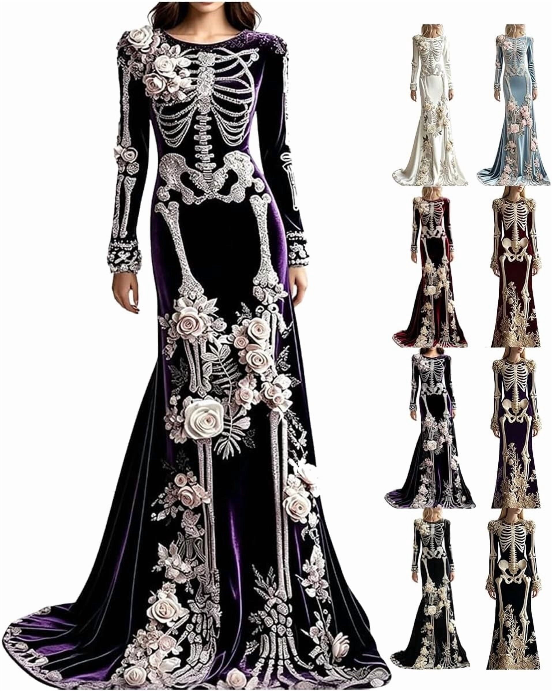 Women Skeleton Dress 3D Print Velvet Floral Long Sleeve Halloween Costumes, Skeleton Costume for Women Cosplay Party