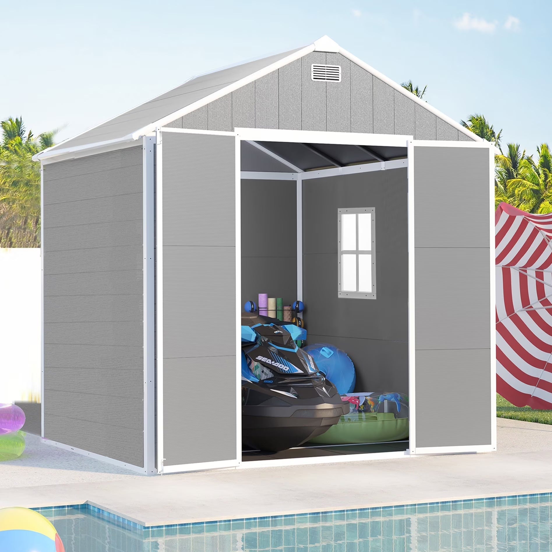 Seizeen Resin Outdoor Storage Shed With Floor, Light Gray, 82 in H