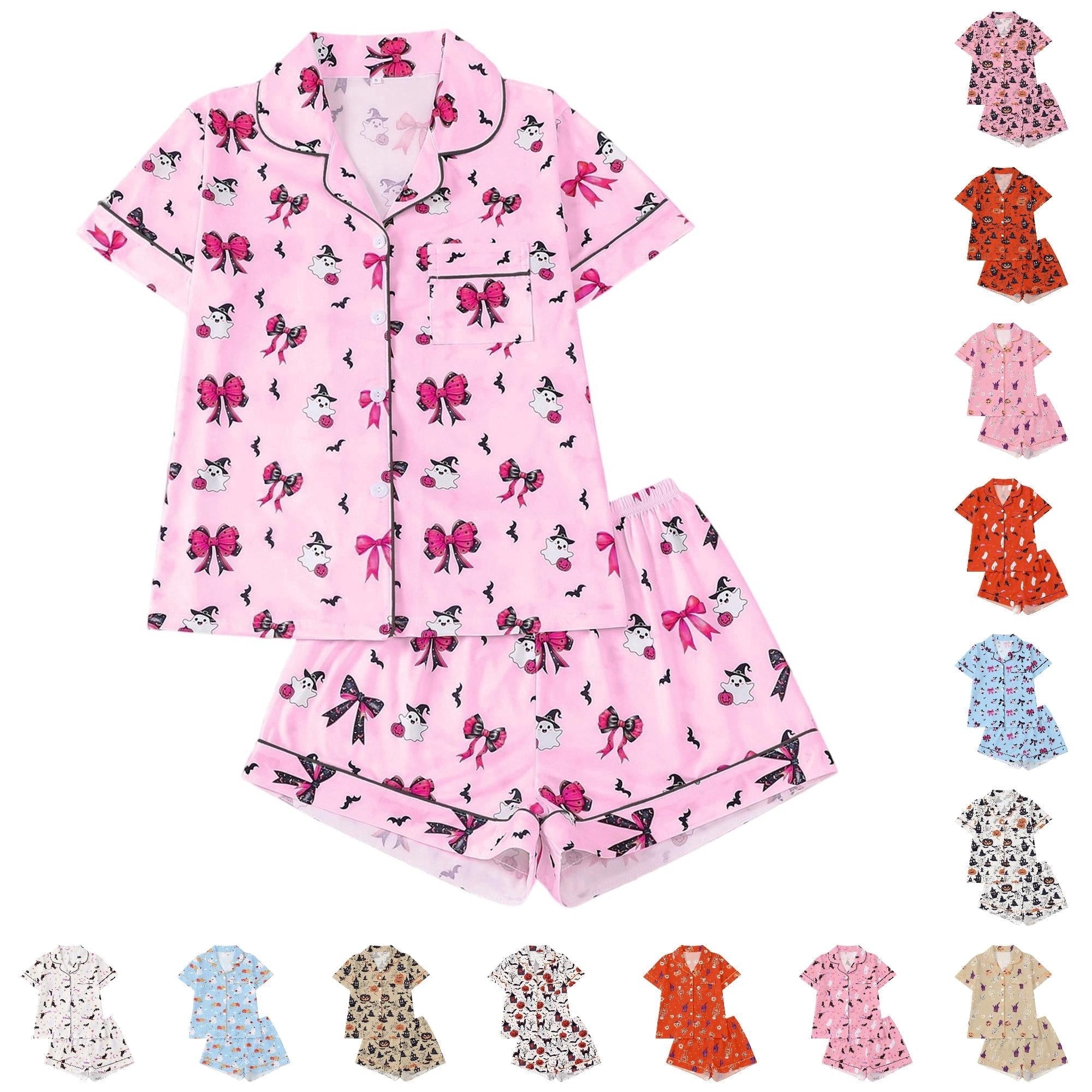 CUZIBR Girls Halloween Pajamas Sets Soft Comfortable Ghost Pumpkin Lapel Button Short Sleeve Shirt Elastic Waist Shorts 2 Pieces Sleep Loungewear Relaxed Sleepwear Outfits, Orange-C
