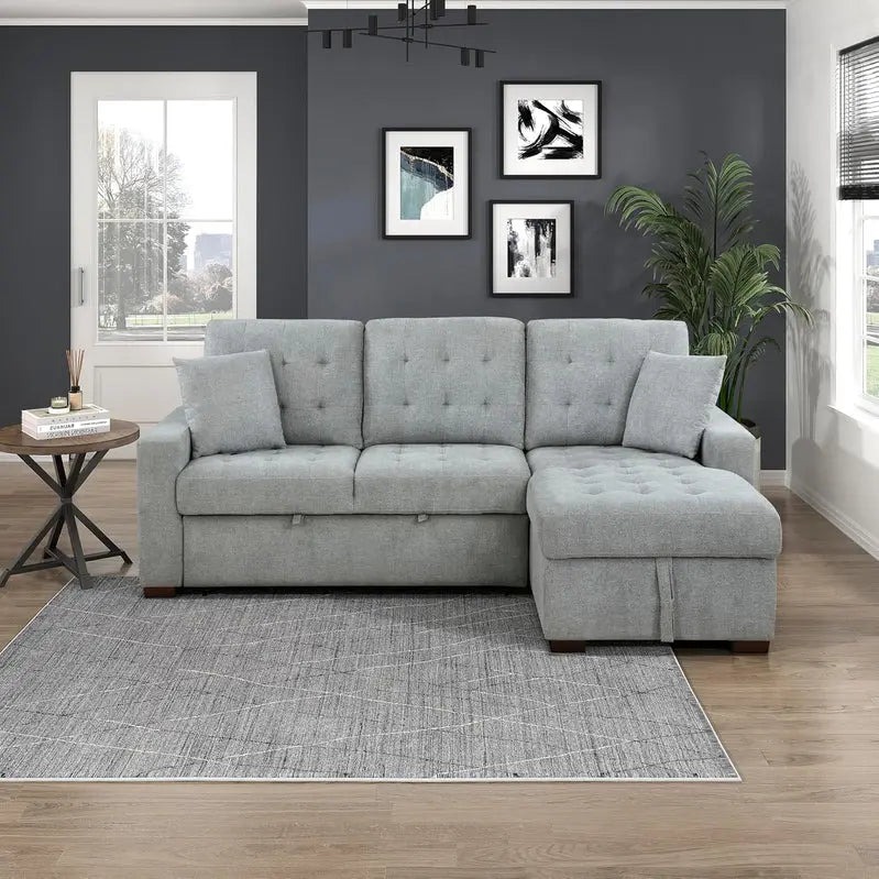 L-Shaped Sleeper Sectional Sofa With Right-Side Storage Chaise And Pull-Out Bed - Gray Fabric